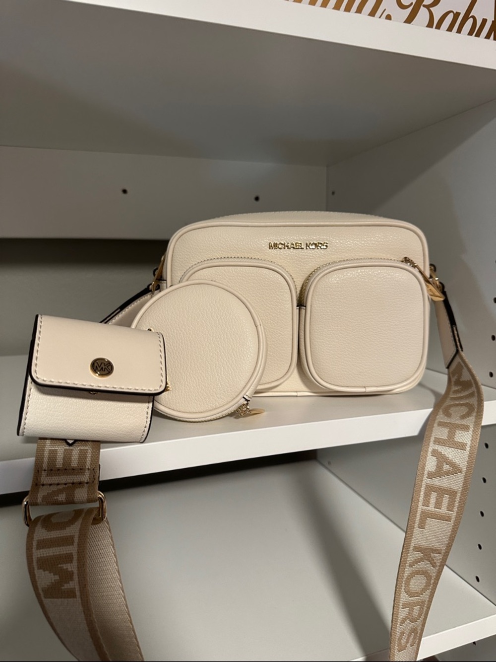 Michael Kors Cream Pebble Leather Dual-Pocket Crossbody with Branded Strap - Picture 3 of 3
